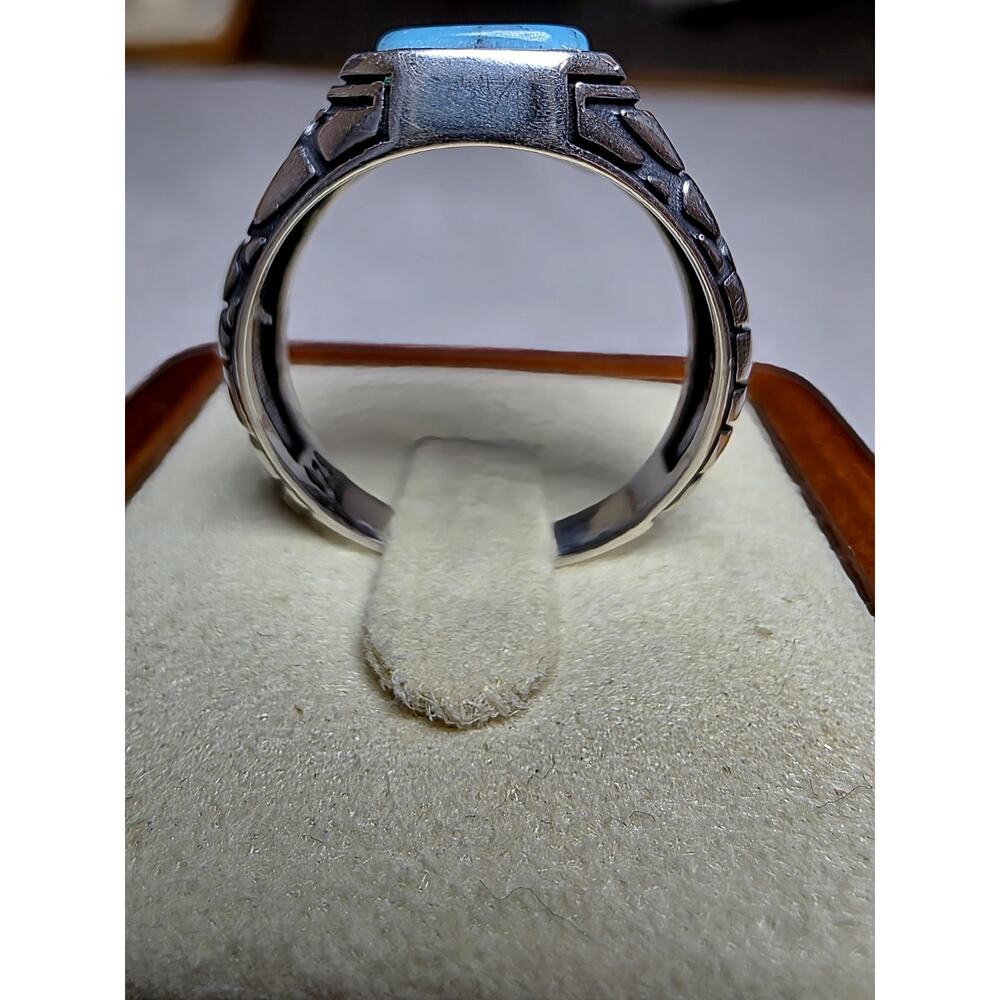 S10 Natural Turquoise Signet Engraved Ring 925 Sterling Silver - Picture 7 of 9